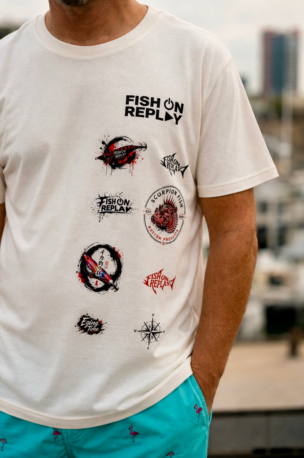 Diseño delantero de la camiseta Logo Mix Fish On Replay.