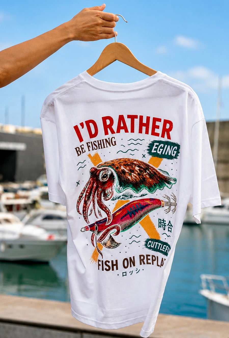 camiseta Eging Lovers blanca en una percha colgando de una mano con un puerto de fondo