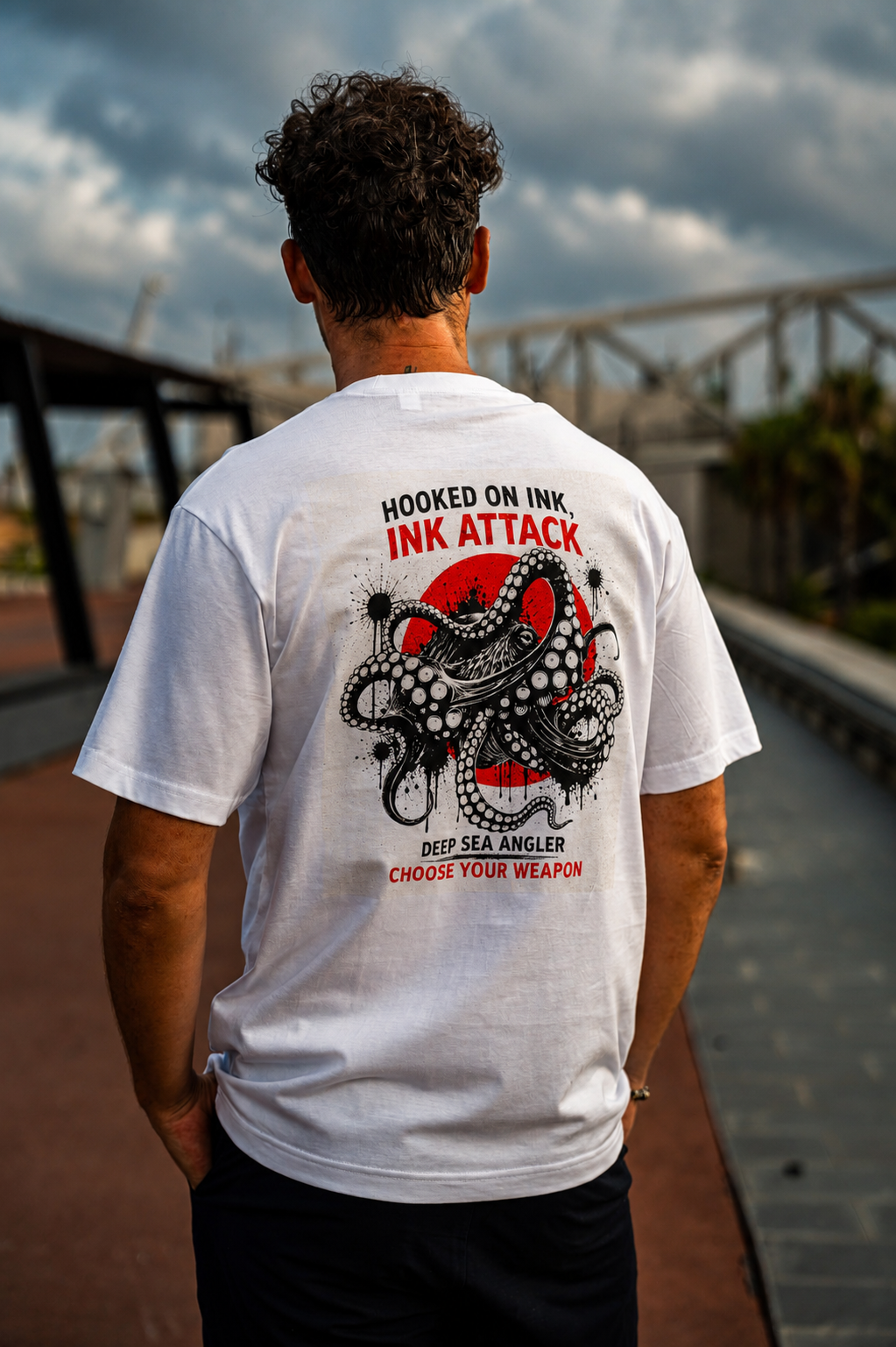 Diseño trasero de la camiseta Octopus Ink con ilustración de pulpo.