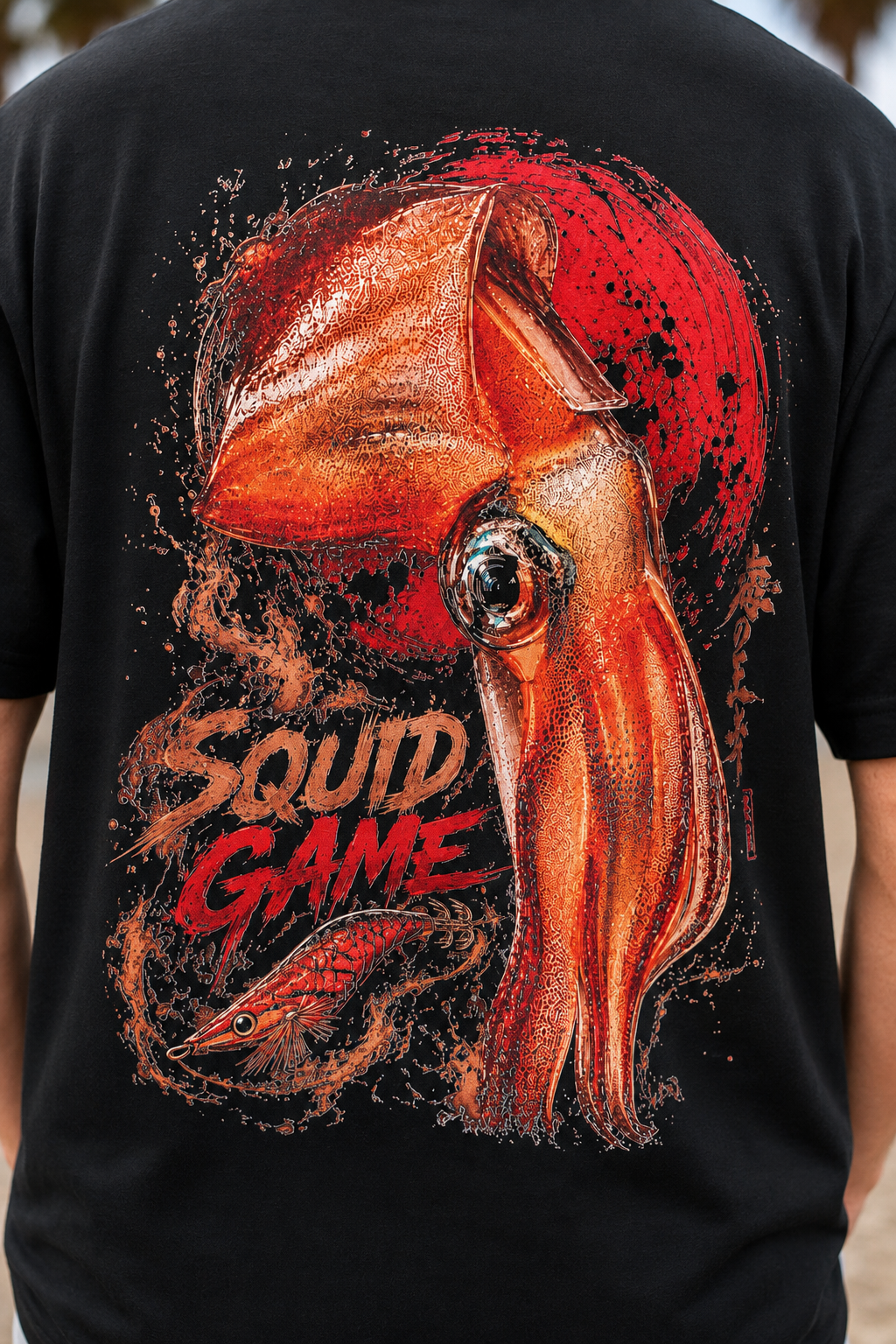 Diseño trasero de la camiseta Squid Game con ilustración de calamar.