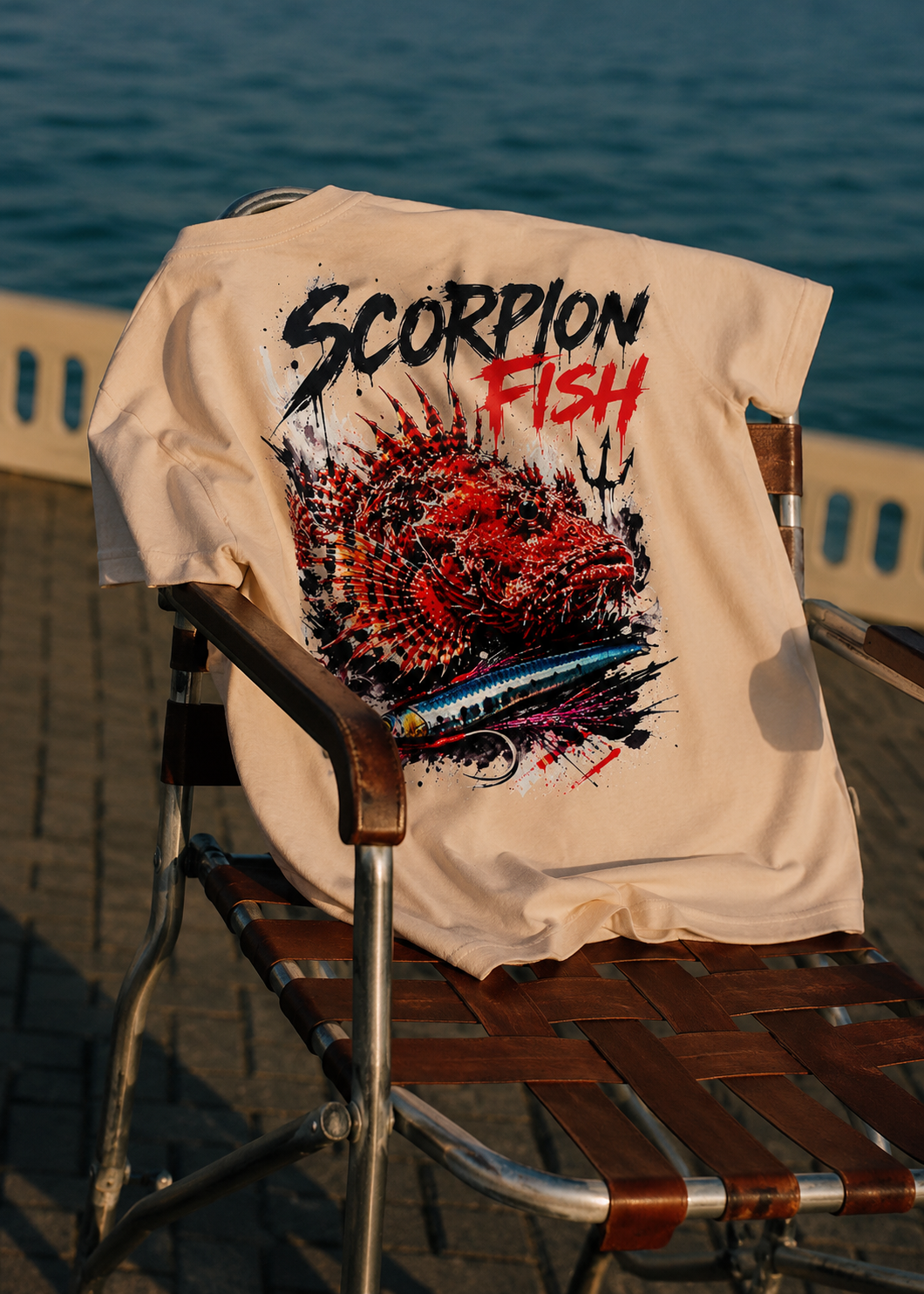 camiseta scorpion fish beige en una silla cerca del mar 